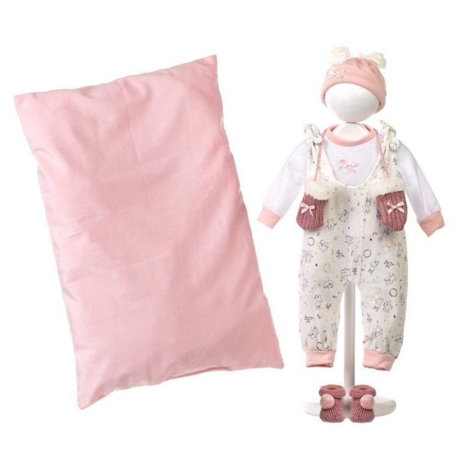 Dolls  Llorens | Clothes For Llorens Dolls 44 Cm - Scribble Print Pinafore, T-Shirt, Hat, Booties And Pink Cushion