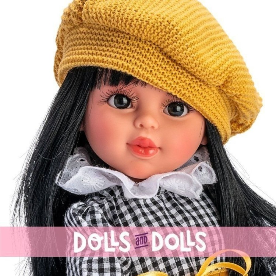 Dolls  Así | Asi Doll 40 Cm - Sabrina With Black Vichy Dress And Yolk-Colored Knitted Beret