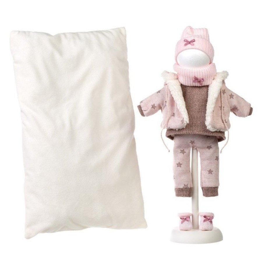 Accessories  Llorens | Clothes For Llorens Dolls 40 Cm - Large White Cushion, Pink Jacket With Sheepskin Lining, Sweater, Pants, Scarf, Hat And Bootees