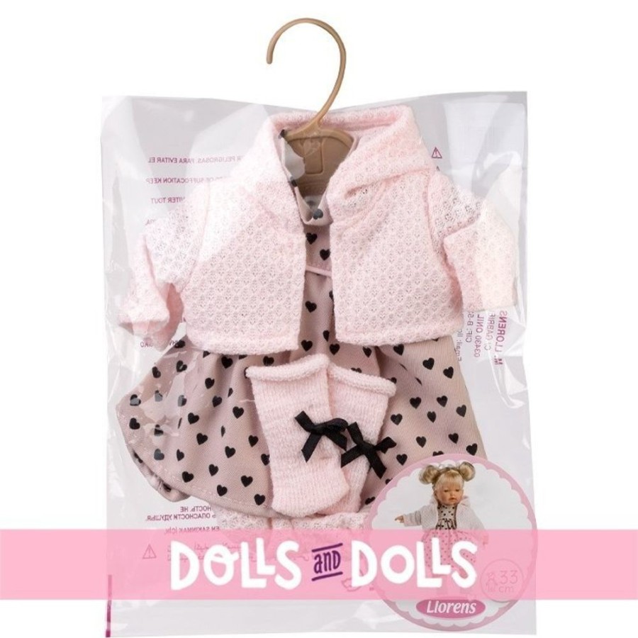 Accessories  Llorens | Clothes For Llorens Dolls 33 Cm - Black Hearts Dress With Pink Jacket And Pink Socks With A Black Bow