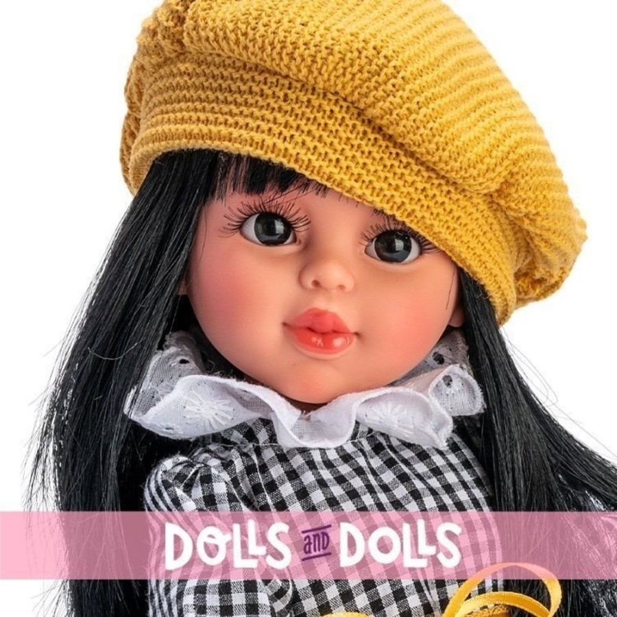 Dolls  Así | Asi Doll 40 Cm - Sabrina With Black Vichy Dress And Yolk-Colored Knitted Beret