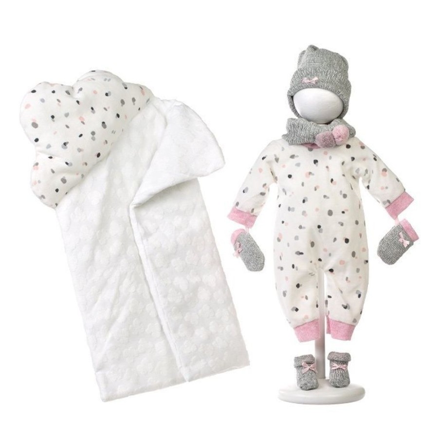 Dolls  Llorens | Clothes For Llorens Dolls 43 Cm - Pajamas With Spotted Print, Beanie, Gloves, Scarf, Booties And Sleeping Bag