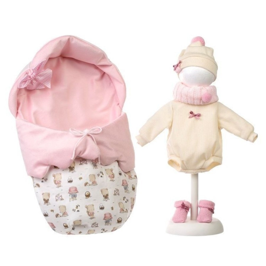 Accessories  Llorens | Clothes For Llorens Dolls 40 Cm - Pink Baby Carrier Bag With Teddy Bear Pattern, Romper Suit, Scarf, Hat And Booties