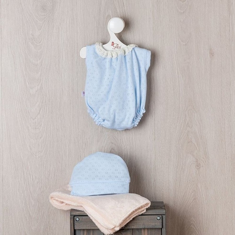 Accessories  Así | Outfit For Asi Doll 43 Cm - Blue Knitted Bodysuit And Cap With Beige Blanket For Pablo Doll