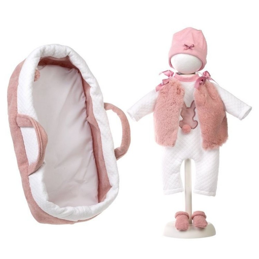 Dolls  Llorens | Clothes For Llorens Dolls 42 Cm - Pink Carrycot, Bunny Pajamas, A Soft Vest, Hat And Booties