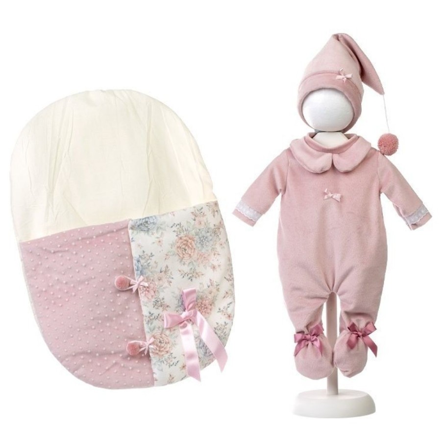 Accessories  Llorens | Clothes For Llorens Dolls 44 Cm - Pink Pajamas, Hat And Sleeping Bag With Half Flowers Half Dots Print