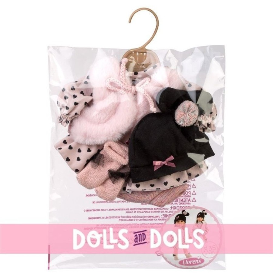 Accessories  Llorens | Clothes For Llorens Dolls 35 Cm - Black Hearts Set With Pink Vest, Pink Socks And Black Cap