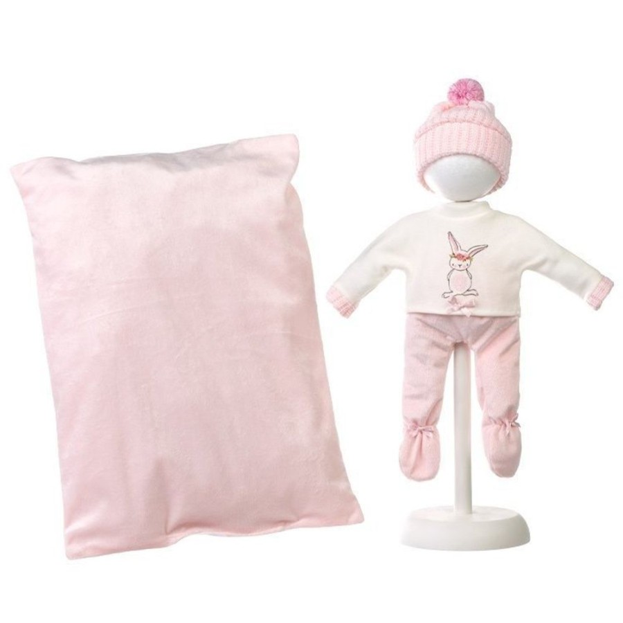 Accessories  Llorens | Clothes For Llorens Dolls 35 Cm - Pink Bunny Print Sweater, Pants, Beanie And Pink Cushion