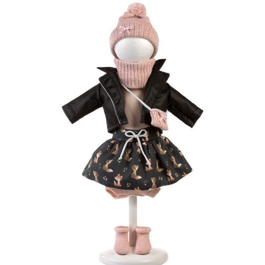 Dolls  Llorens | Clothes For Llorens Dolls 40 Cm - Black Fox Dress With Pink Scarf, Bag And Socks