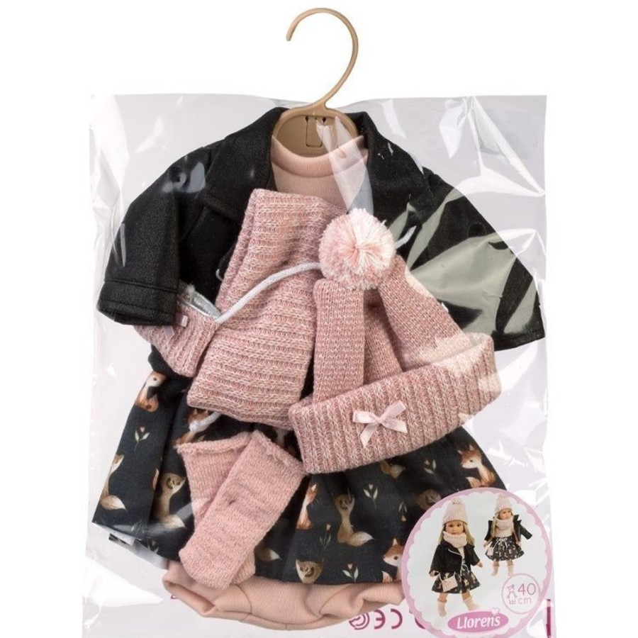 Dolls  Llorens | Clothes For Llorens Dolls 40 Cm - Black Fox Dress With Pink Scarf, Bag And Socks