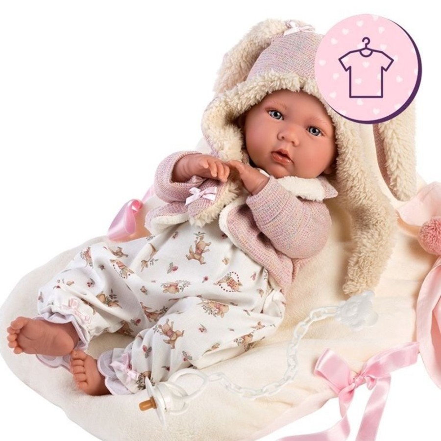 Dolls  Llorens | Clothes For Llorens Dolls 42 Cm - Pajamas With Animal Print, Hooded Vest With Bunny Ears And Beige Pillow