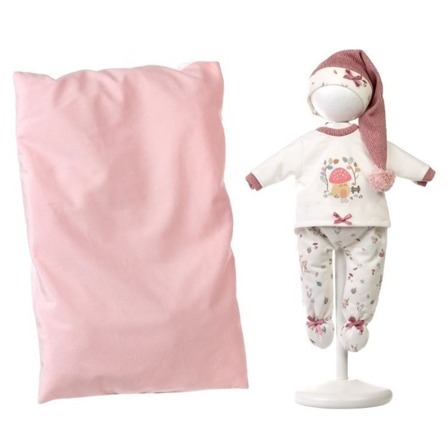 Accessories  Llorens | Clothes For Llorens Dolls 40 Cm - Pink Cushion Bed, Two-Piece Mushroom Print Pajamas And Sleep Cap