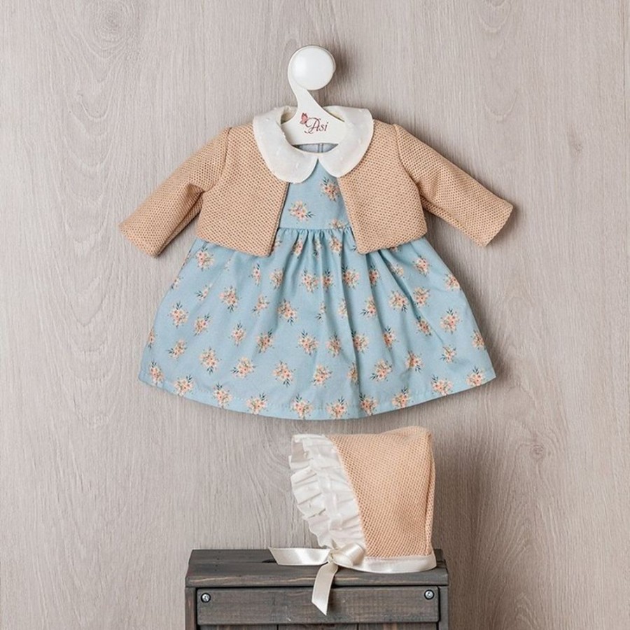 Accessories  Así | Outfit For Asi Doll 46 Cm - Blue Dress With Orange Flowers With Beige Jacket For Leo Doll