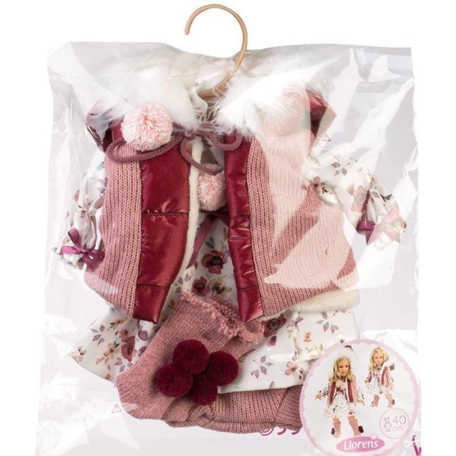 Accessories  Llorens | Clothes For Llorens Dolls 40 Cm - Red Flower Dress With Hooded Vest And Socks