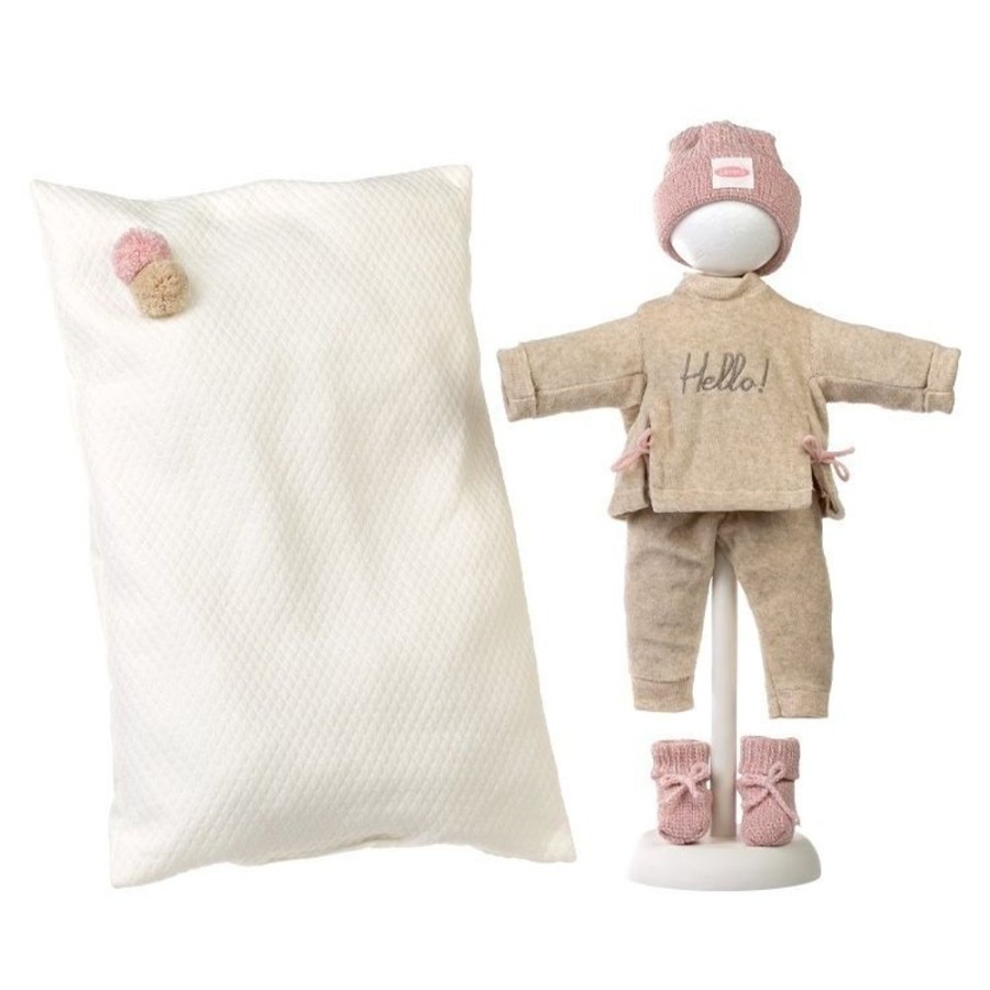 Dolls  Llorens | Clothes For Llorens Dolls 42 Cm - Beige Set With Large White Cushion, Hat And Matching Booties