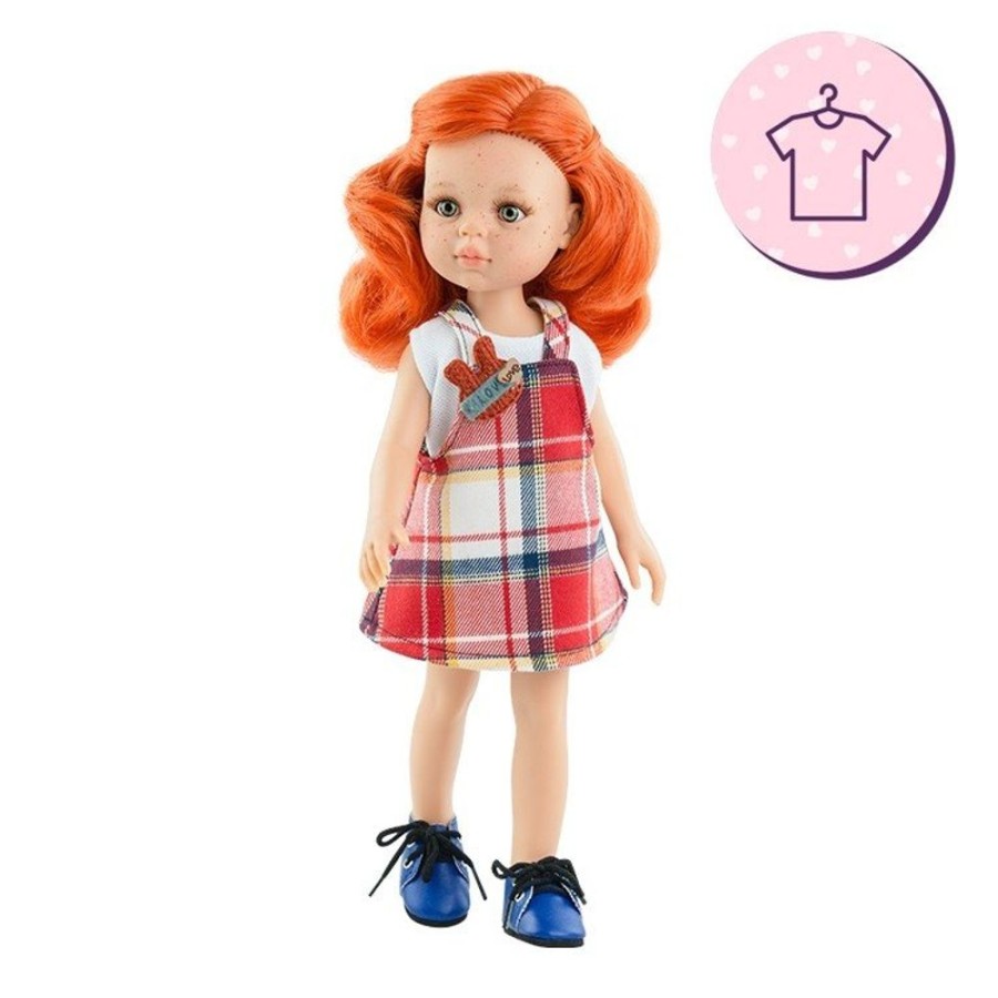 Dolls  Paola Reina | Outfit For Paola Reina Doll 32 Cm - Las Amigas Funky - Fina - Red Checkered Pichi And T-Shirt